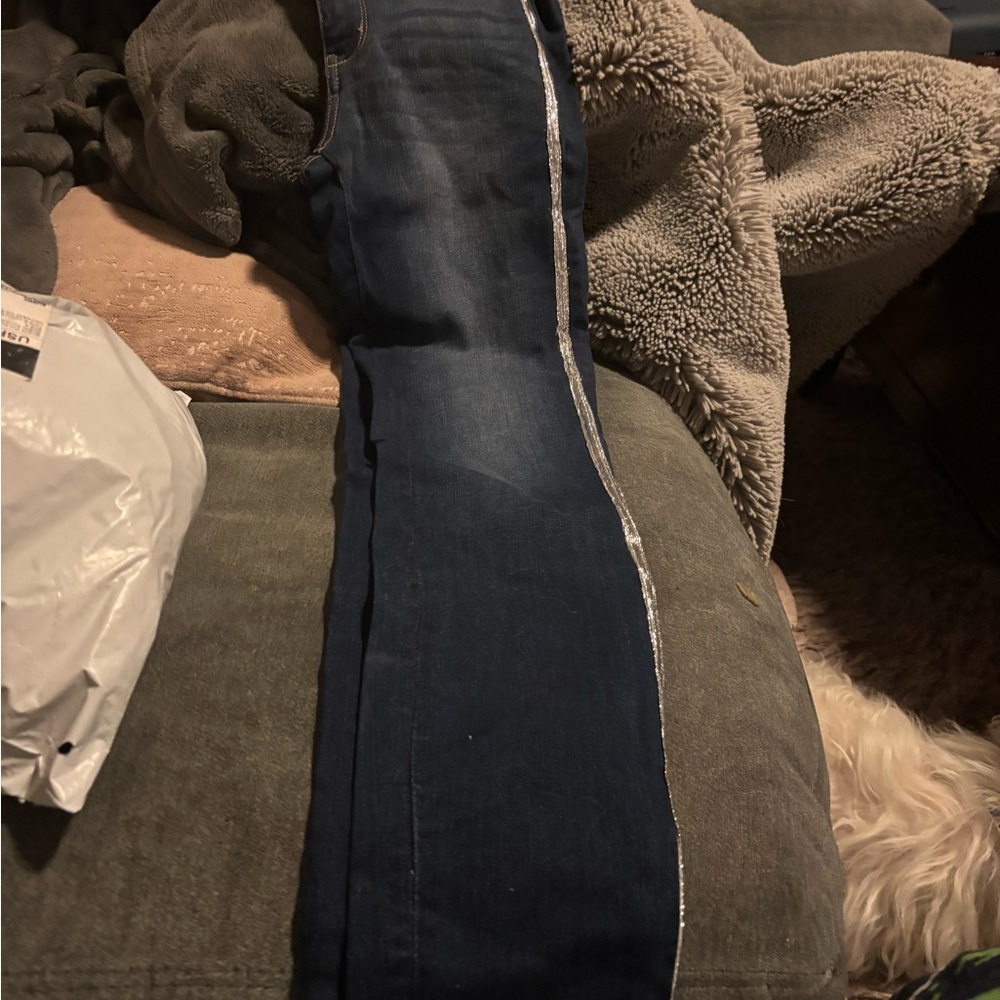 NY&C dark skinny jeans with silver sparkly line down the outside both legs
